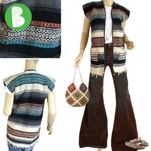 VINTAGE HANDMADE BAJA VEST MULTI-COLOR W/FRINGE AND POCKETS (S)